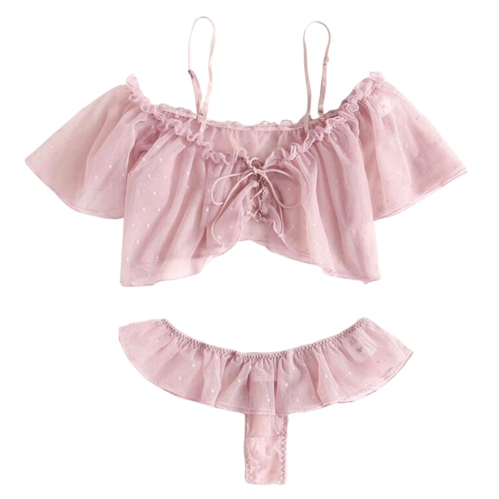NWT Pink Chiffon Polka Dot Ruffle Lingerie Set